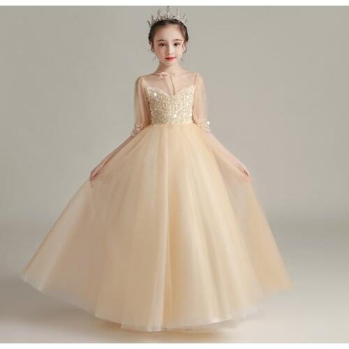 Flower Girl Dresses Princess Beading Ribbons Champagne Sequined Ball Gown Floor-Length High Tulle Pearls Kids Party Skirt H033