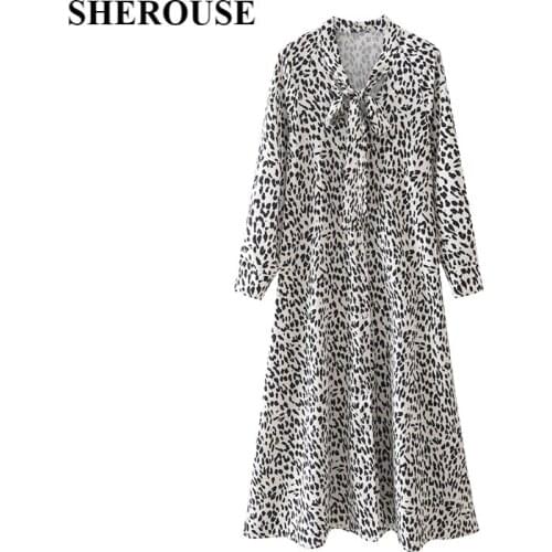 SHEROUSE 2021 Vintage Women Printed Dress Fashion Long Sleeves Bow Neckline Chic Lady Retro Woman Midi Long Dresses Robe