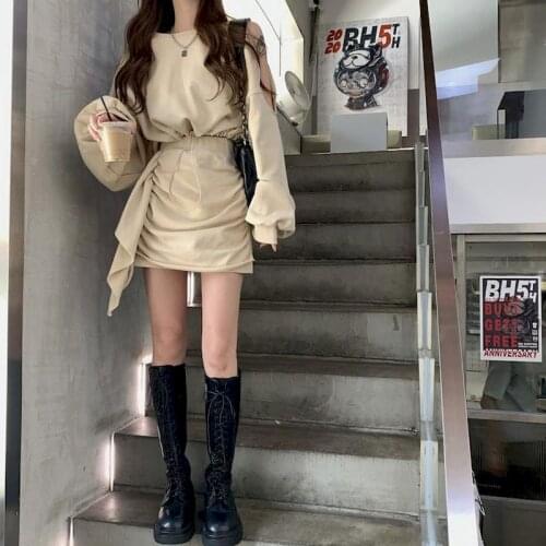 Loose Sweatshirts+ Design Short Skirt Suit Retro Western Style Off-shoulder Hooded Casual Suit 2 Piece Set Women Ruched O-Neck