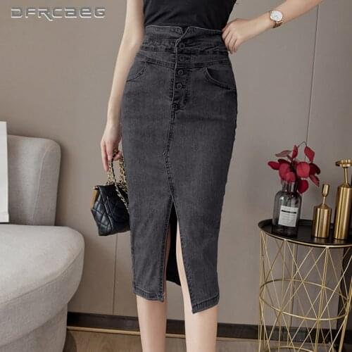 Black Blue Summer Vintage Mid-Long Denim Skirts For Woman 2021 High Waist Streetwear Sexy Split Elegant Jean A-Line Skirts Femme