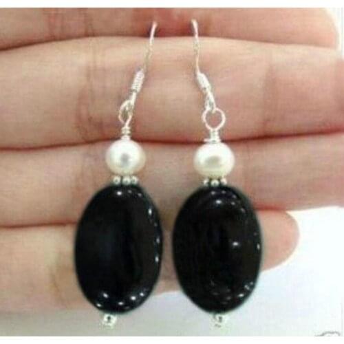 Jewelry Free Shipping Beautiful White shell pearl Natural black Marcasite silver Dangle Earrings