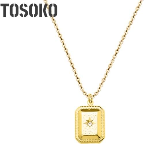 TOSOKO Stainless Steel Jewelry Water Drop Square Oval Texture Pendant Necklace Womens Fashion Zircon Clavicle Chain BSP428