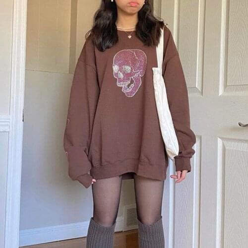Womens Sweatshirt Gothic Skull Hot Diamond Print Autumn Winter Woman Hoodies Y2K Fashion Pullover Loose Harajuku Sweatshirt