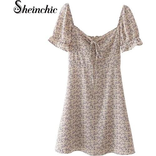 Women Elegant Bow Puff Sleeve Dress 2021 Summer Casual Vintage Female Floral Print A-Line Dress