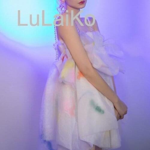 2021 New Beading Patchwork Hit Color Ruffle Fairy Princess Dress Women Slash Neck Sleeveless Backless High Waist Sexy Dresses