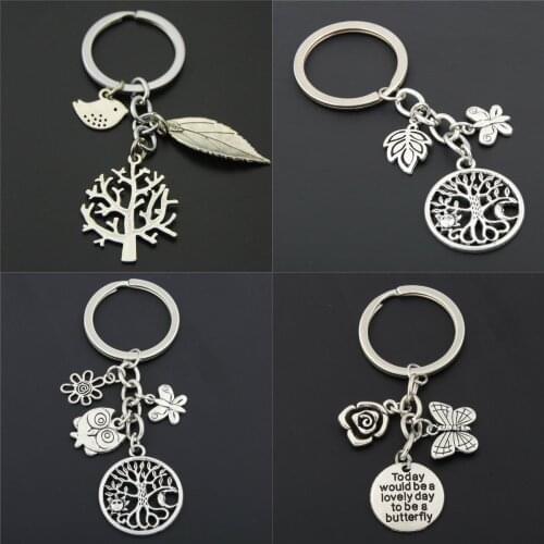 1pc Tree Bird Flower Charms Keychains Leaf Pendant For Bag Keyring For Women Nature Jewelry