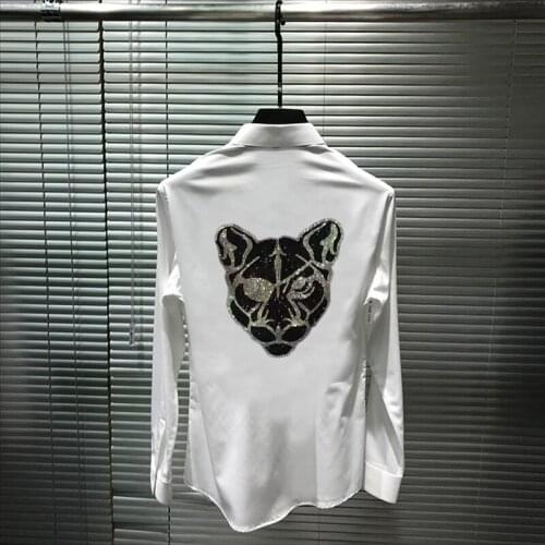 2021 Classic Mens Shirt Exaggerated Handsome Hip-Hop Black Animal Hot Drill Slim Brand Long Sleeves