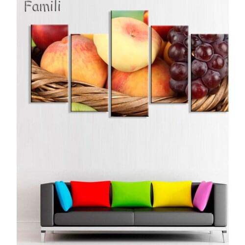 5 panel printed Restaurant Fruits Orange grape green apple Canvas painting Modern Modular pictures On for kitchen decor wall art