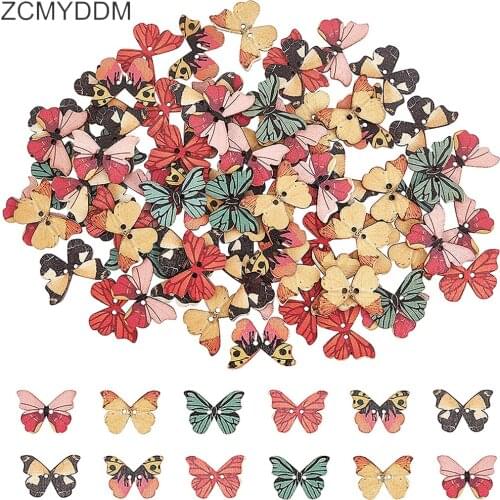 ZCMYDDM 50/100pcs 2 Holes Mixed Butterfly Wooden Button Scrapbooking Sewing Buttons for Craft Garment DIY Sewing Supplies