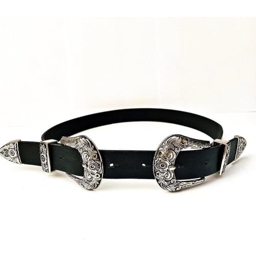 Bayan siyah deri kemerler moda çift toka kemer kayışı siyah eğlence kadın kemer kadın profesyonel Cowgirl bel kemeri