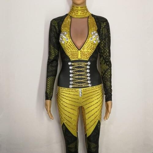Sparkly Gold Rhinestones Jumpsuit Sexy Stretch Leotard Crystals Rompers Female Dance Costume Singer Performance Stage Outfit