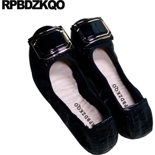 Large Size Snake 10 Women Black Moccasins 2021 Ballerina Patent Leather Work Metal 11 Big Shoes Navy Blue Foldable Ballet Flats