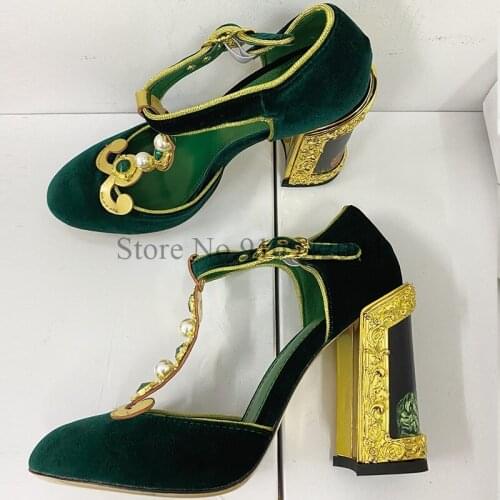 Brand Sexy Women High Heels T-strap Pointed Toe Luxury Rhinestone Party Dress Pumps Green Gold Chunky Heels
