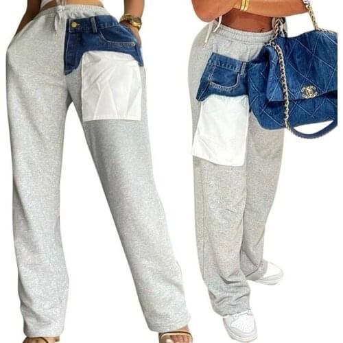 Pocket Patchwork Fitness Sporty Pants High Waist Elastic Band Micro Straight Pants Street Wear Women Full Length Sweatpants