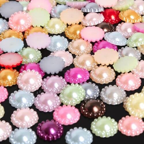 50pcs 12mm Mix Color Flower Shape Imitation Pearls Half Round Flatback Flower Beads Wedding Cards Embellishments DIY Decoration