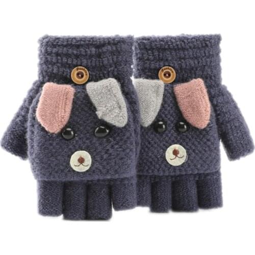 Kids Winter Warm Convertible Flip Top Gloves Cartoon Dog Knitted Plush Mittens H9ED