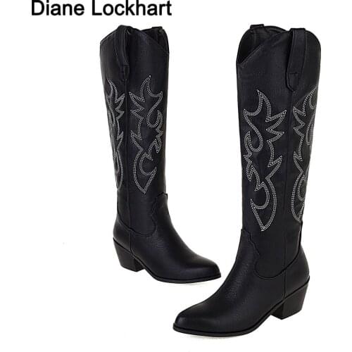 Microfiber Leather Western Cowboy Boots Women Knee High Brand Pointed Toe Sewing Shoes Novelty Autumn Winter Female Long Boots