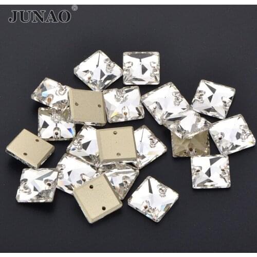 JUNAO 12 14 16 22mm Clear Square K9 Glass Crystal Sew On Rhinestones Flat Back Crystal Beads Sewing Strass Diamond For Clothes