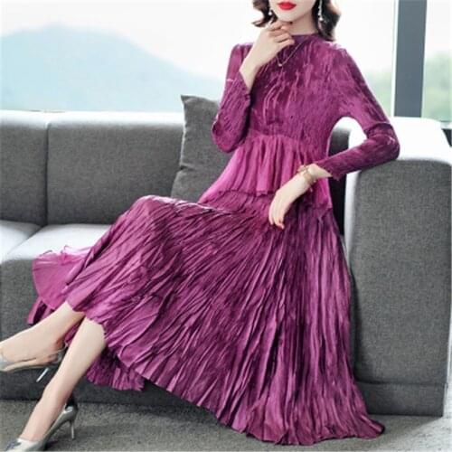 Pleated dress female 2020 autumn new heavy industry Miyake handmade pleated long-sleeved stretch slim female dress dressVestidos