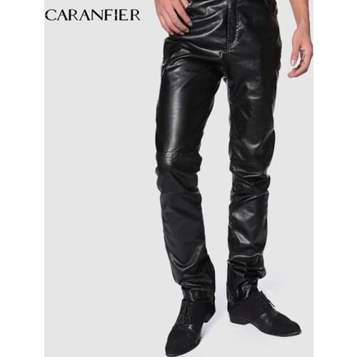CARANFIER Brand 2019 New Men Leather Pants Elastic High Waist Lightweight Casual PU Leather Trousers Thin Motor Pants S-4XL
