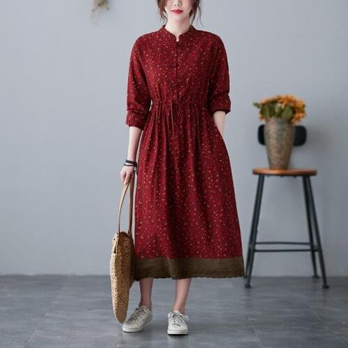 2021 New Print Floral Vintage Autumn Dress Linen Cotton Patchwork Prairie Chic Office Lady Work Dress Travel Casual Spring Dress