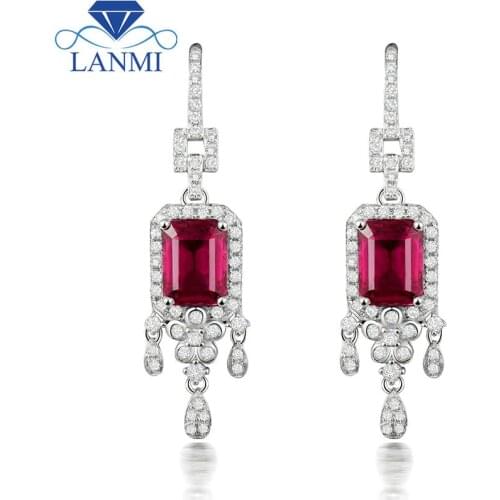 Solid 18k Gold Earrings Natural Pink Tourmaline Earrings With Diamond Emerald Cut Gem for Lady SE0332