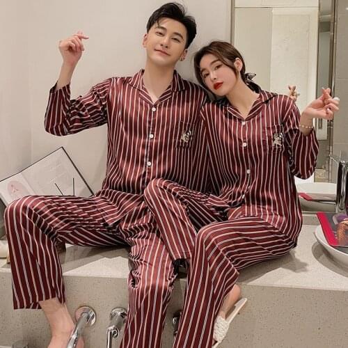 Couple Pajamas For Lovers Silk Pyjamas Sets Couple stripe Nightwear Men & Women Sleepwear Family Pijama Casual Autumn Homewear