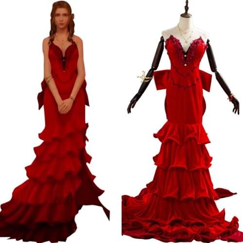 FF 7 Re Aerith Gainsborough Dress Final Fantasy VII Cosplay Female Girl Red Gown Dress Halloween Carnival Costumes
