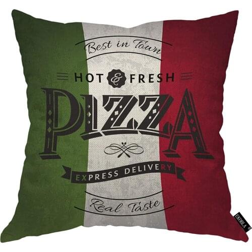 EKOBLA Pizza Poster Throw Pillow Cover Grunge Italy Flag Best in Town Hot Fresh Ribbon Cozy Square Cushion Case for Men Women