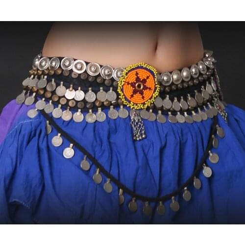 Professional Unisex Tribal Belly Dance Waist Belt 80/90cm Adjustable Fit Antique Bronze Beads Metal Chain Gypsy Coin Belt Silver