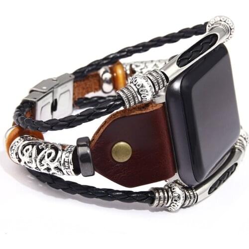 DIY Vintage PU Leather WatchBand for Apple Watch Series 5/4/3 Bead Braided Bracelet Strap for 40 mm 42mm 44 mm iphone watchstrap