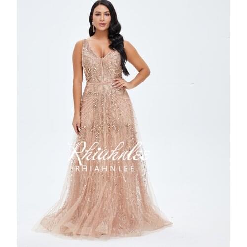 Rhiahnlee Backless Dubai Evening Dresses Sleeveless New Design V Neckline Evening Gowns Beading Pearls Formal Gowns