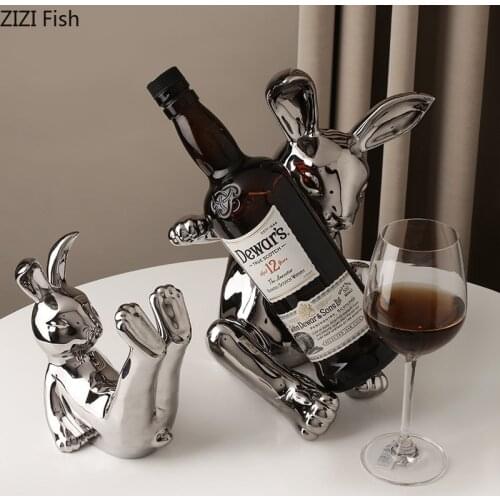 Silver Rabbit Wine Rack Red Wine Beverage Tray Cup Holder Coffee Table Decoration Ceramic Wine Bottle Stand Nordic Home Decor