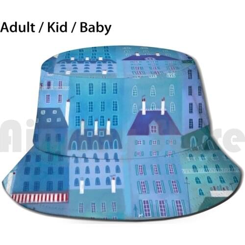 Paris Blues Sun Hat Foldable UV Protection Blue Paris City Streetscape Pastel Chalk Townscape Town France Europe Cities