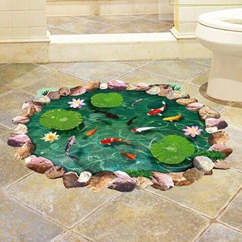 Waterproof Lotus Fish Print 3D Floor Decal Ground Removable Stickers Home Decor