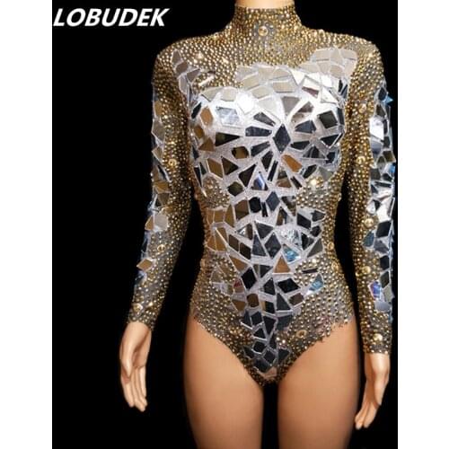 Sparkly Gold Rhinestones Mirrors Long Sleeve Bodysuit Female Sexy Nightclub DJ Singer Costume Jazz Dance Team Leotard Catsuit