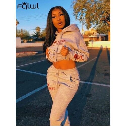 FQLWL Letter Print Streetwear Two 2 Piece Set Women Outfits Tracksuit Female Autumn Solid Hoodies Joggers Pants Women Sweat suit
