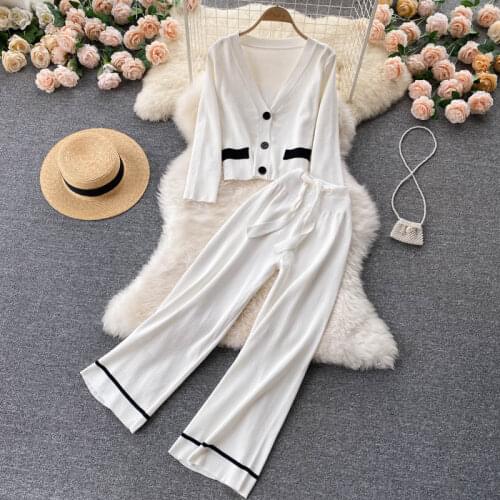 Long Sleeve V-neck Cardigan Top And Wide Leg Pants Korean Suit New 2021 Autumn Fashion Women Knitted Casual Loose Two Piece Set