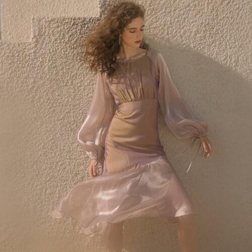 Original Design AIGYPTOS Spring Summer Women Vintage Elegant Slim Dress Sexy Backless Silver dream silk slip Chiffon Long Dress