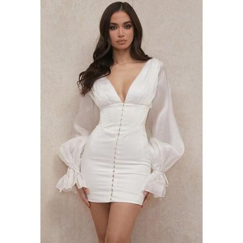 2021 Sexy V Neck Casual Slim Zipper Long Sleeve White Dress Vestido De Mujer Femme Robe Club Summer Party Dresses for Women 1744
