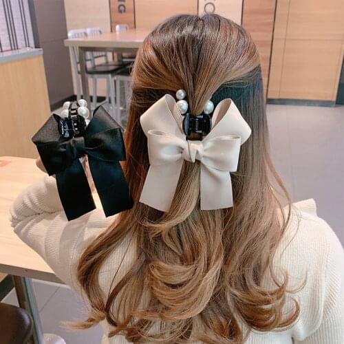 1PC Sweet Fabric Pearl Bow Hair Claw Elegant For Women Solid Cloth Ties Hair Crab Clips Ponytail Hold Girls Hair Accessories