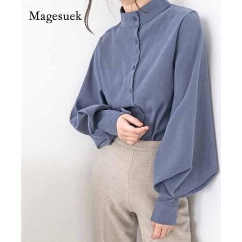 2020 Fashion Solid Stand-Collar Office Blouse Womens Tops and Blouses Women Blouse Shirt Lantern Long Sleeve Women Shirts 2516