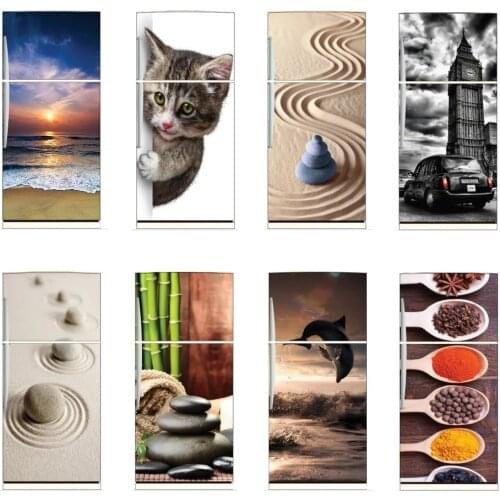 3D Fridge Sticker Cat Dophin Stones Refrigerator Wrap Art Fridge Door Cover Wallpaper Renewable Kitchen Accessories Customizable