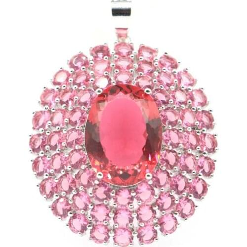 49x37mm Big European Design Created Pink Tourmaline For Women Dating Eye Catching Silver Pendant