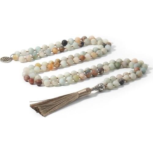 8mm Frosted Amazonite Japamala Necklace Meditation Yoga Spirit Tibetan Jewelry 108 Mala Beaded Knotted Rosary Tassel Pendant
