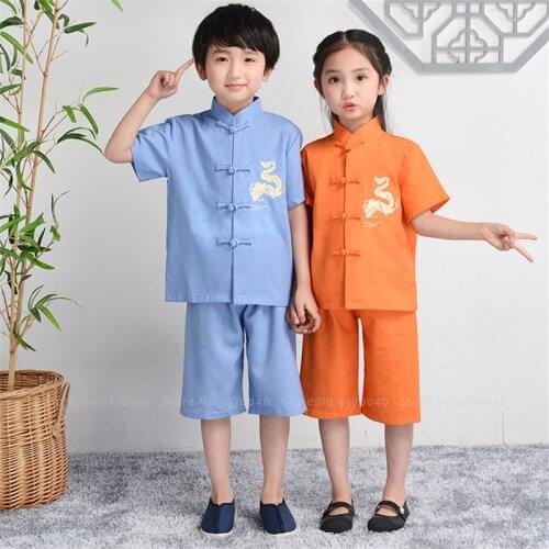 Children Chinese Traditional Hanfu Tang Suit Baby Girl Boy Tee Tops Pants Embroidery Kids Kung Fu Dance Costume Festival Outfits