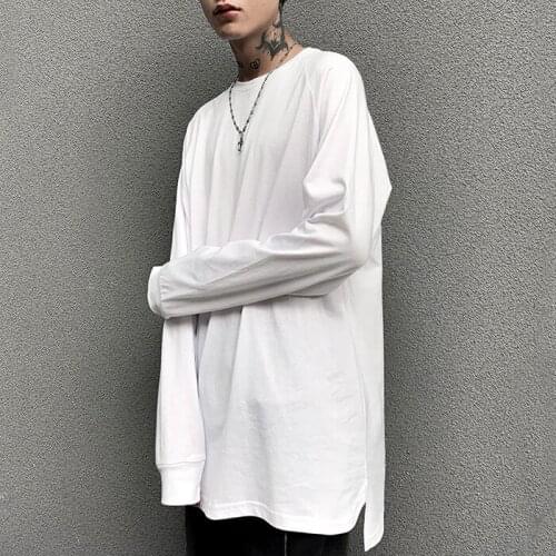 European and American high street hip-hop oversize loose hem slit mid-length bottoming shirt style men and women long-sleeved T