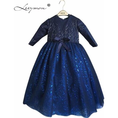 Hot Ball Gown Long Sleeves Bow Flower Girl Dress Beading Crystal Sequins Prom Dresses Children Mother and Daughter Dress