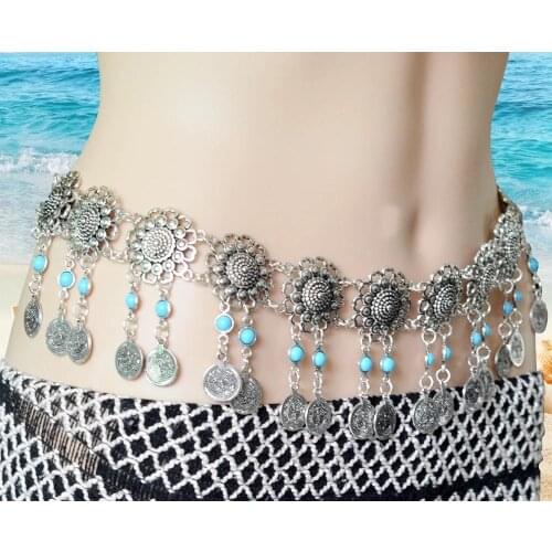 Hot Sexy Pendant Crossover Harness Waist Belt Chain Vintage Bikini Coin Tassel with blue Resin Beads Chains Body Jewelry