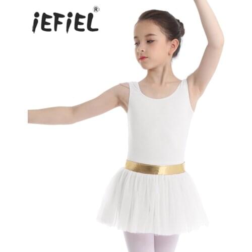 IEFiEL Kids Girls Ballet Lyrical Costume Little Jazz Mesh Flying Sleeves Gold Waist Ballet Dance Gymnastics Leotard Tutu Dress